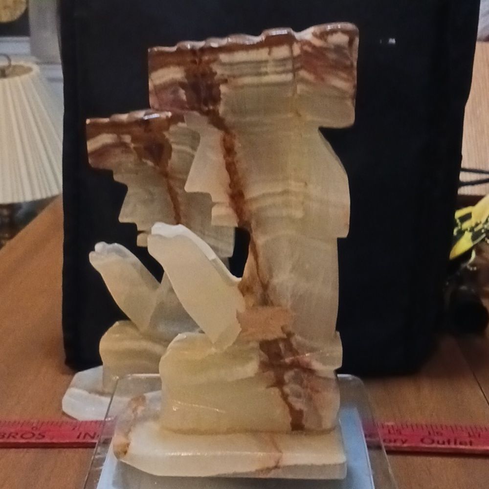 Vintage Pair Hand Carved Mayan Aztec Tiki Bookends Alabaster Marble Onyx Stone